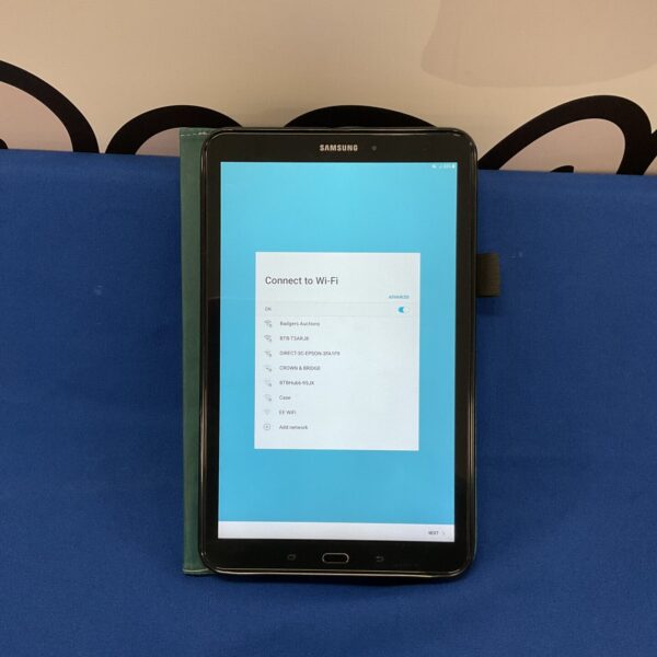 Front view of a black Samsung Galaxy tablet.