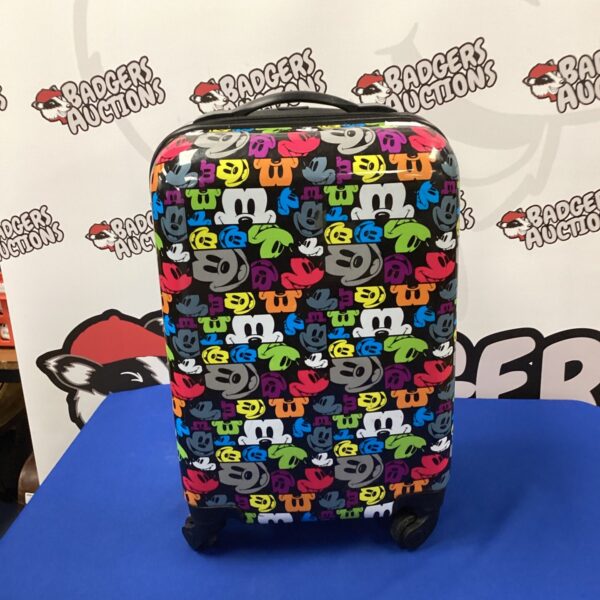 Colourful Mickey Mouse suitcase with wheels and pull handle.