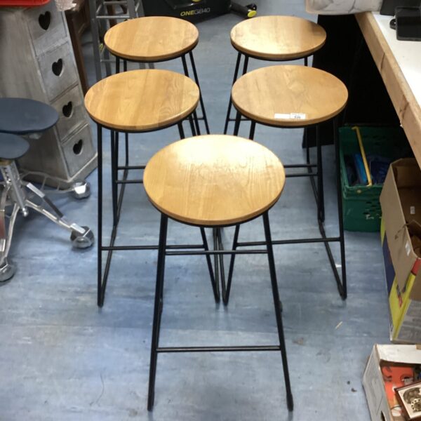 Lot of five vintage wooden topped metal frame stools.