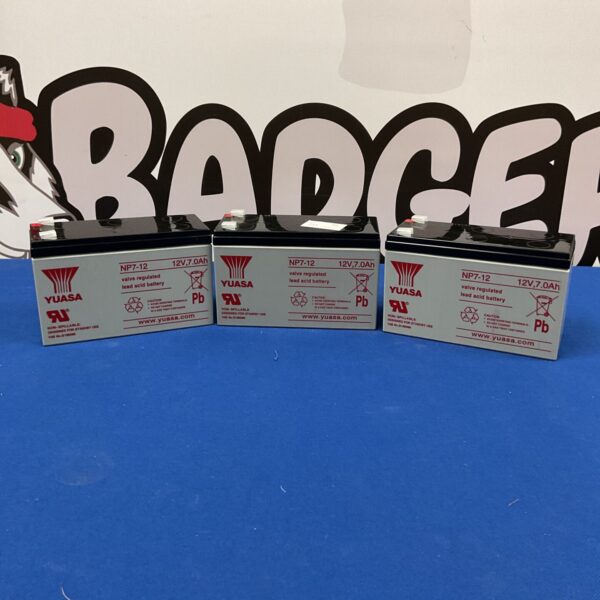 Three Yuasa NP7-12 valve regulated lead acid batteries