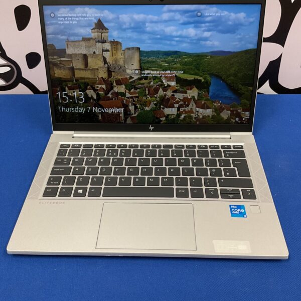 HP EliteBook 830 G8 laptop open displaying the screen.