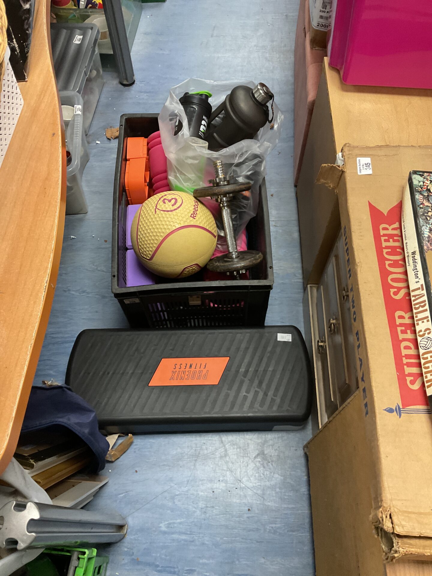 458 Crate of mixed fitness equipment inc dumbbells and bottles
