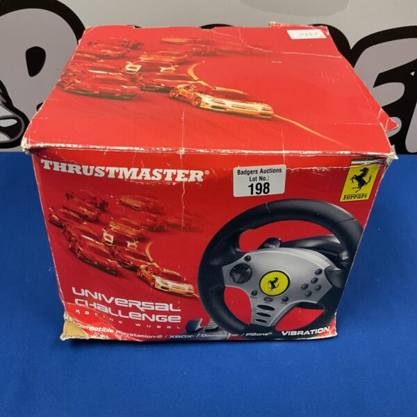 Thrustmaster steering wheel for PlayStation, Xbox, and GameCube consoles.