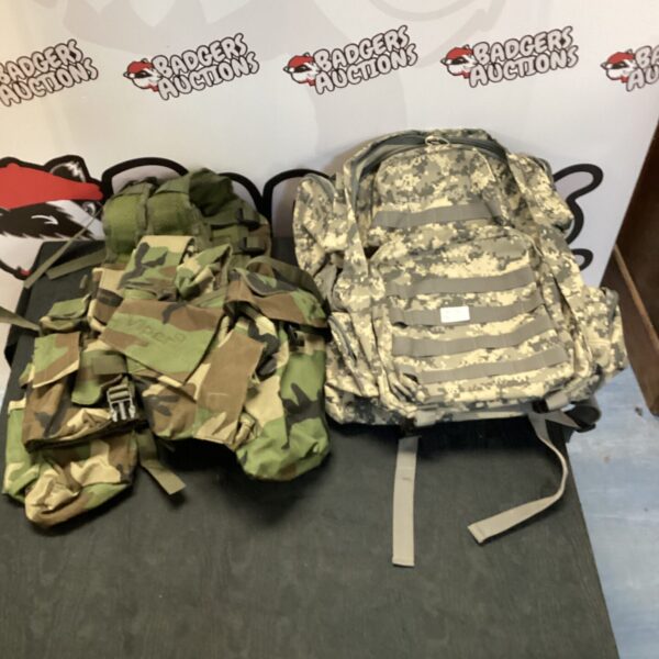 Airsoft vest and rucksack lot in British and desert camo.