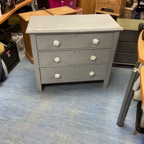 Shabby chic chest of drawers with three drawers, vintage bedroom furniture.