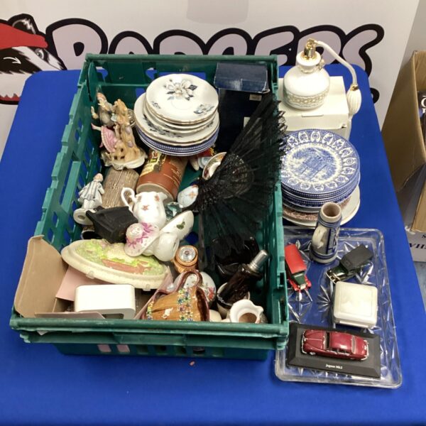 Mixed house clearance lot with china, cars and perfume sprayer.