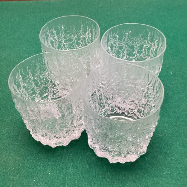 Set of four vintage Whitefriars whisky tumblers with textured glass.