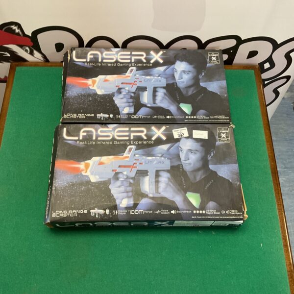 Two Laser X infrared gaming blasters for laser tag play.