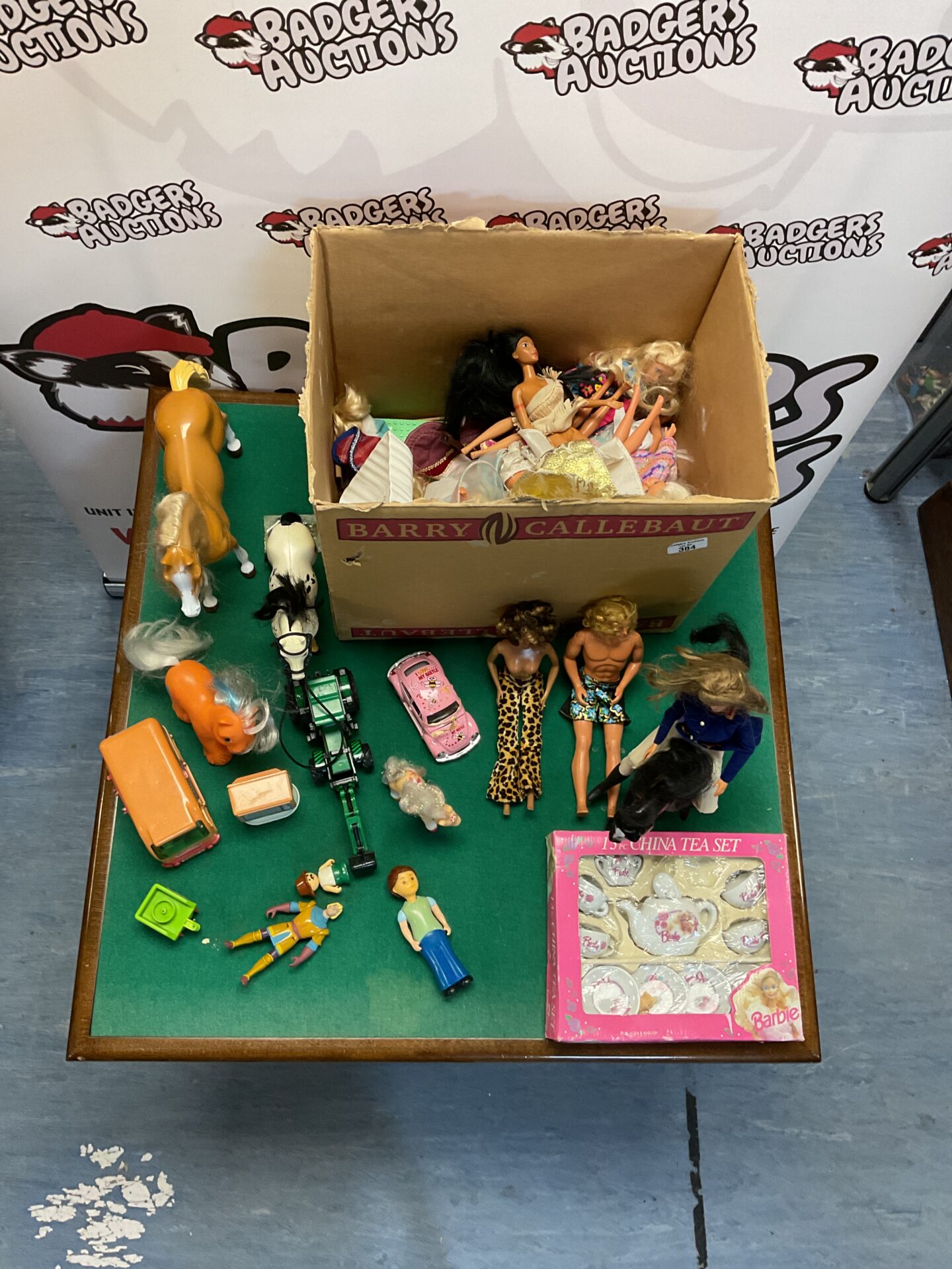 396 Box of mixed inc vintage Barbie dolls, vintage my little pony dolls and 13 pc barbie style china set