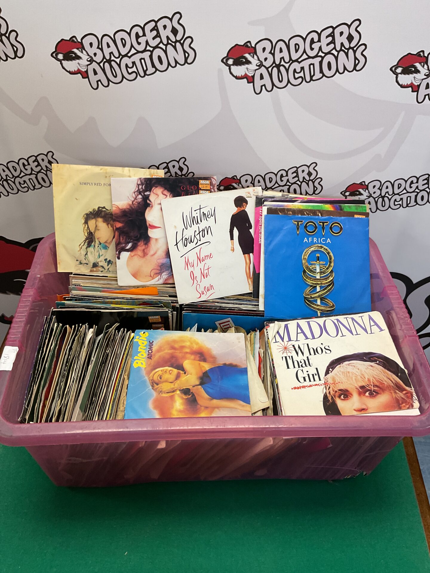 114 Large box of 7” vinyl records including Madonna and Simply Red