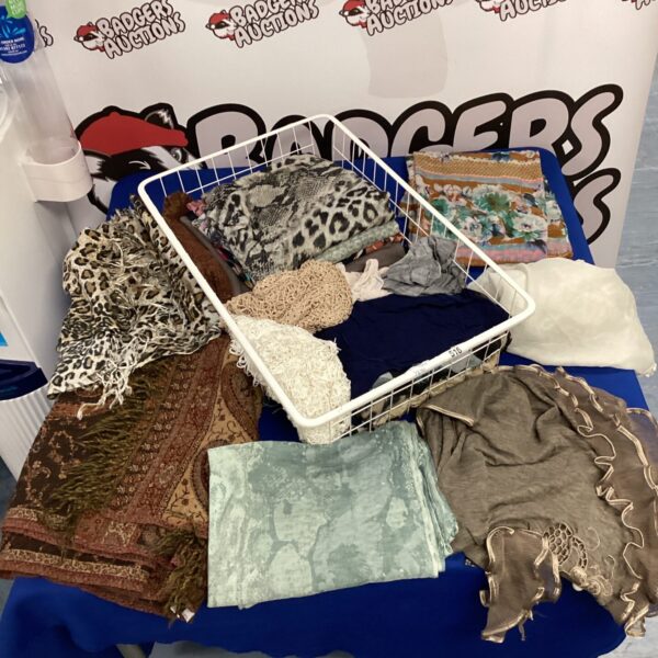 Assorted scarves lot with varied patterns and colours.