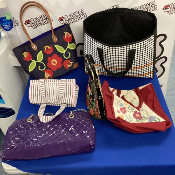 Assorted handbags lot with floral and purple designs.