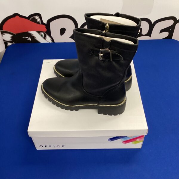 Black leather Office ankle boots, size 6, with chain detail.