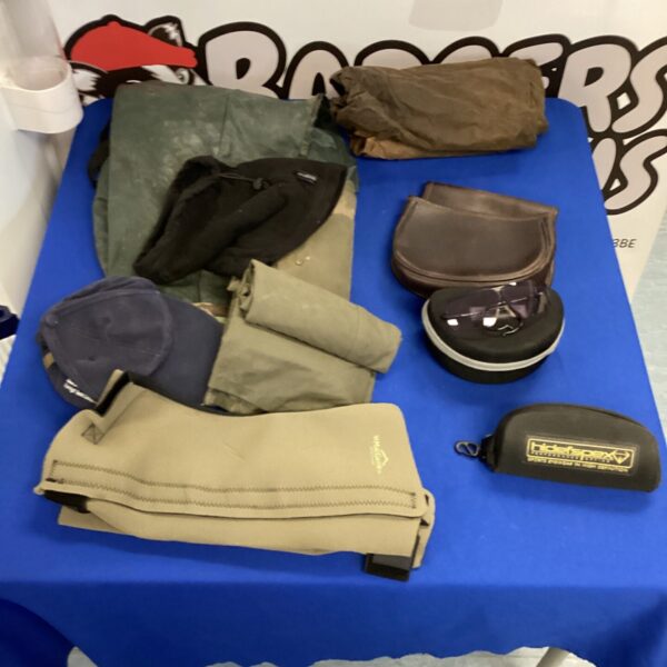 Shooting gear lot including skirt, pouch and Hidefspex glasses.
