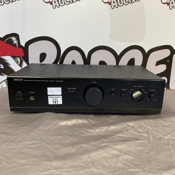 Front view of a black Denon PMA-255UK integrated amplifier.