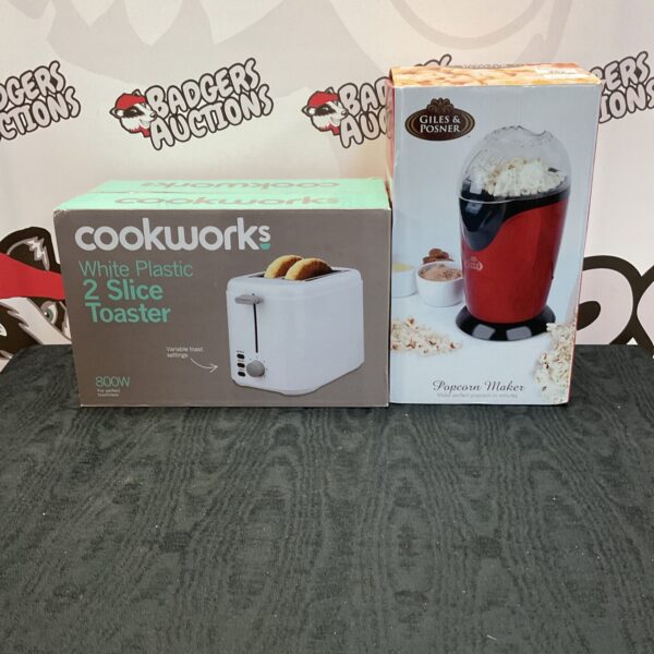 White Cookworks toaster and Giles and Posner popcorn maker set.