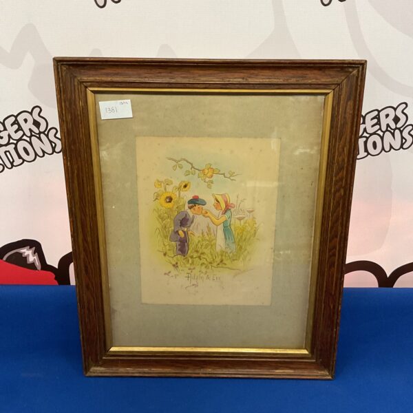 Vintage Cynicus watercolour painting of Adam and Eve in a cartoon style.