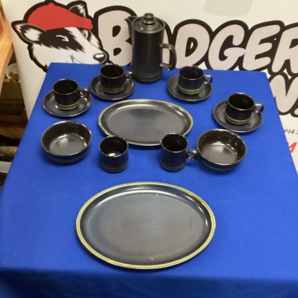 Vintage earthenware coffee set with floral design on display.