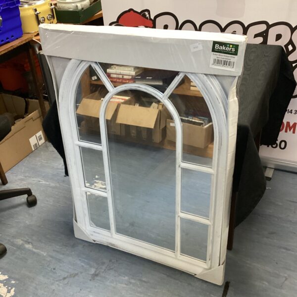 Antique white arched mirror, Bakers Sutton style, vintage home decor.