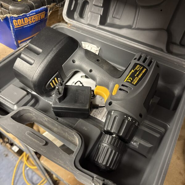 14.4v cordless drill in its original carry case, showing the tool and charger.