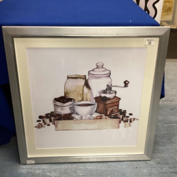 Framed kitchen still life print with vintage coffee grinder and jars.