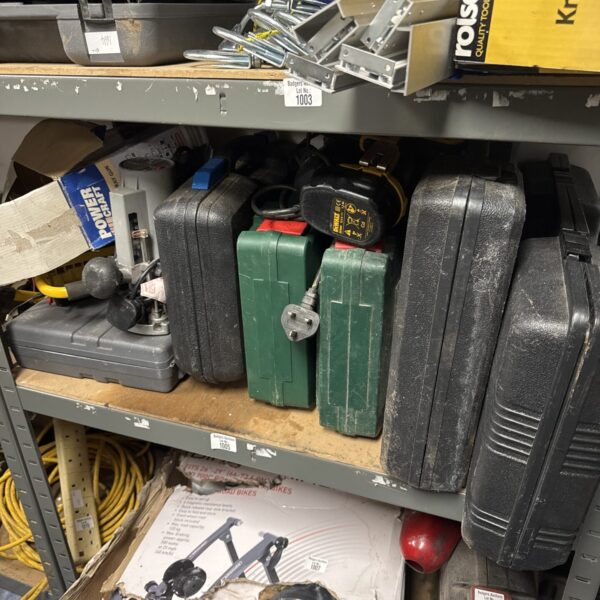 Untested power tool lot with drill, sander, and impact wrench.