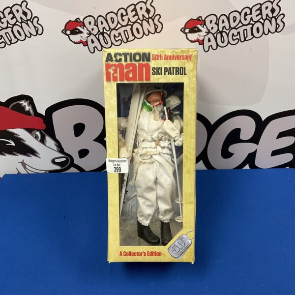 Vintage Action Man 50th Anniversary Ski Patrol figure in white ski suit.