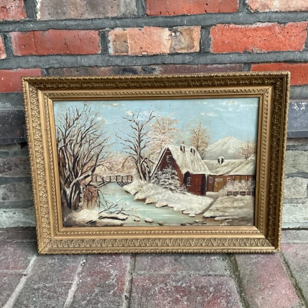 Russian winter landscape painting with a cottage by a snowy river.