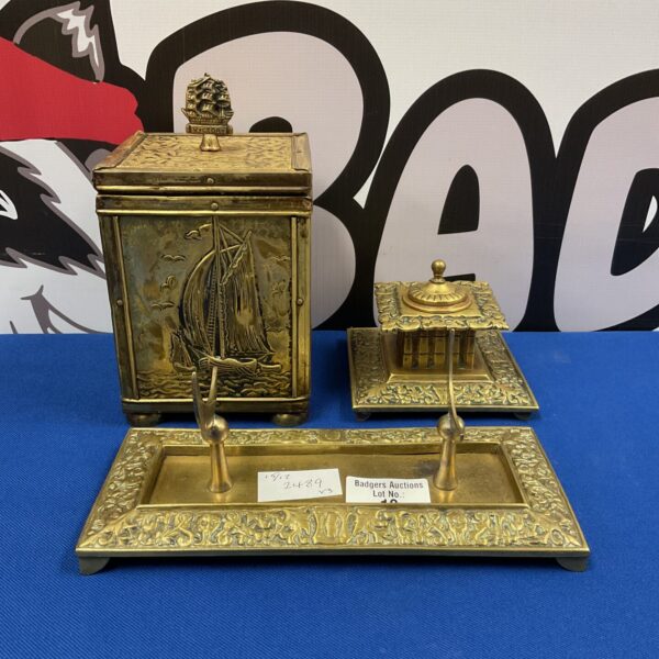 Ornate vintage brass desk set with inkwell and pen stand.