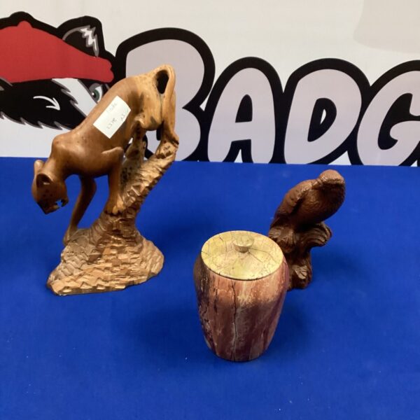 Hand carved wooden figurines and vase, folk art collectibles.
