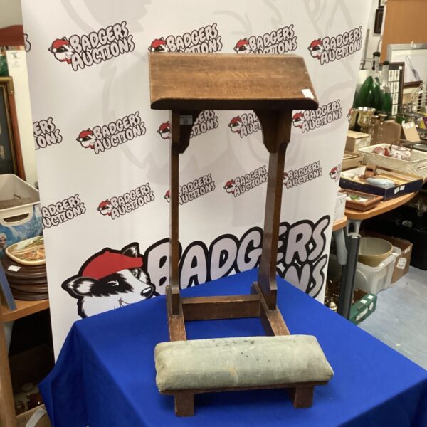 Antique oak church prayer kneeler, vintage religious furniture.