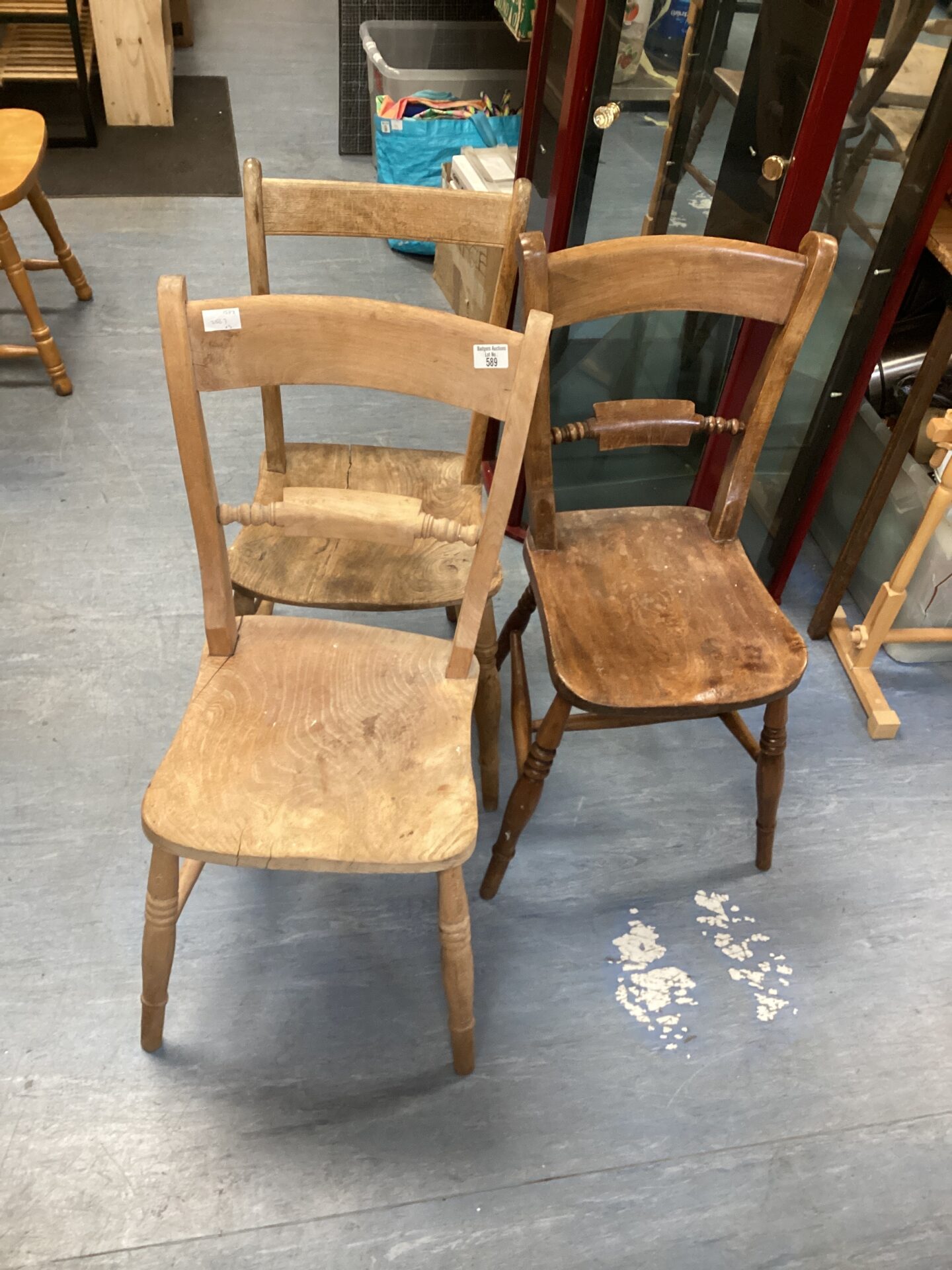 589 set of three antique scroll back chairs