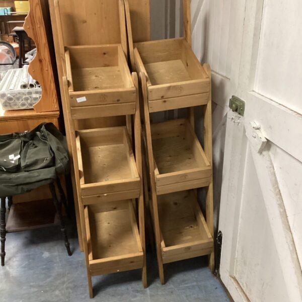 Pair of Leo & Wolf pine vegetable stands for kitchen storage.