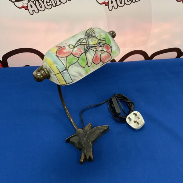 Vintage kingfisher desk lamp with stained glass shade.