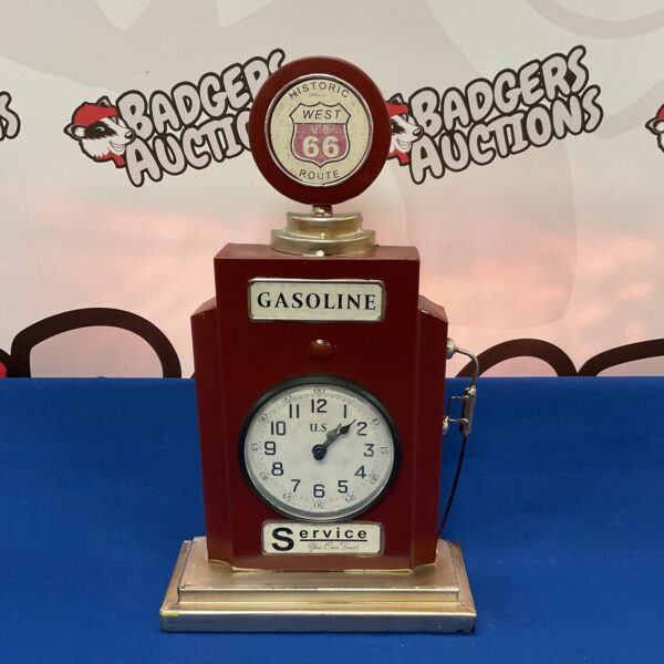 Vintage Route 66 tin desk clock, retro gas pump style.
