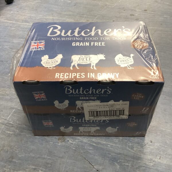 Twenty four cans of Butchers dog food with chicken, beef and turkey flavours.