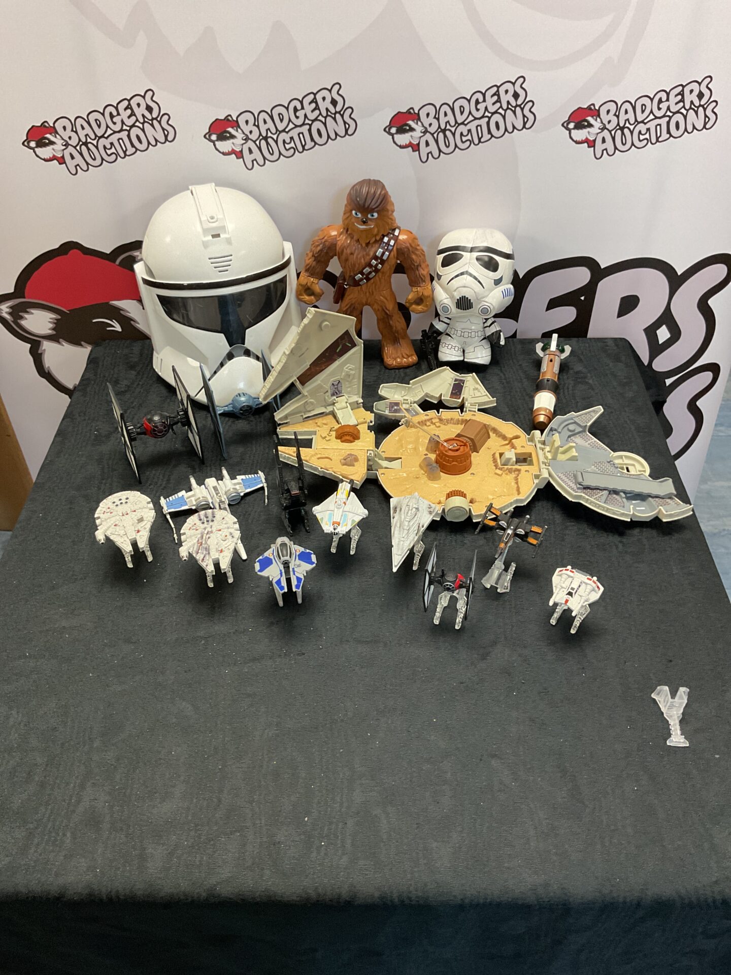 360 Selection of mixed star wars items inc ship models with stands, clone trooper mask and soft toys