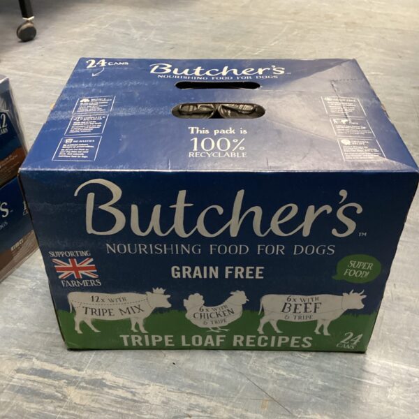 Lot of twenty-four cans of Butchers mixed dog food.