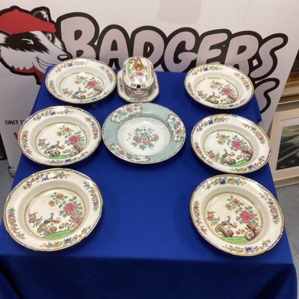 Vintage Spode soup bowls and serving dish set with floral pattern.