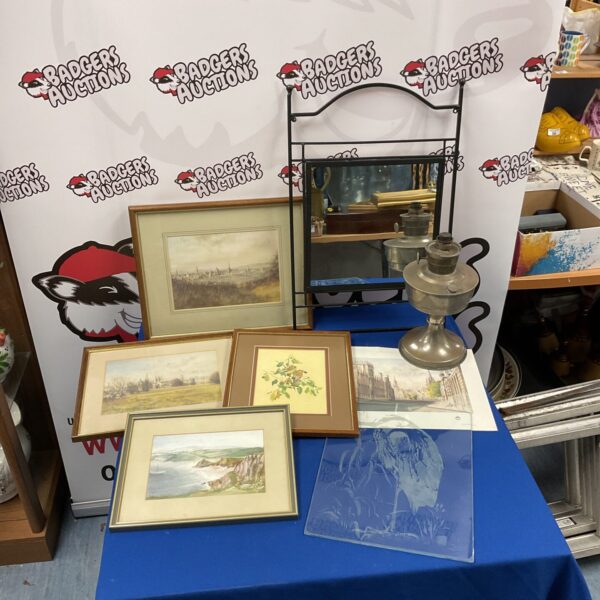 Vintage Aladdin oil lamp and framed artwork lot for collectors.