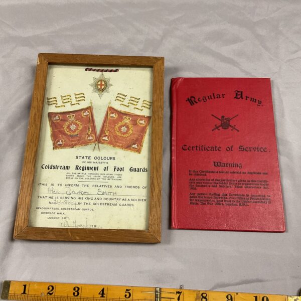 Victorian Coldstream Guards certificate and regimental book.
