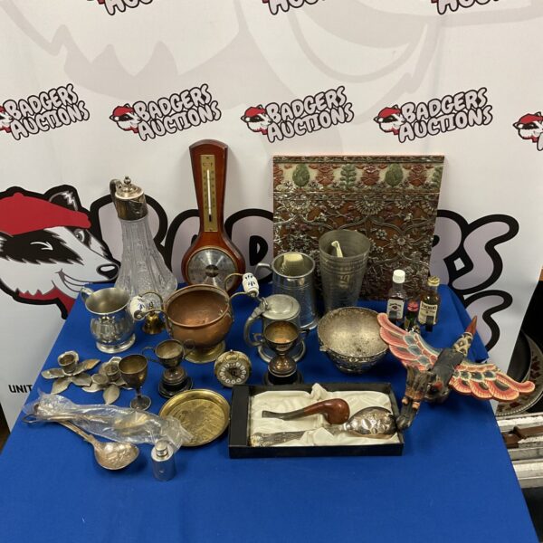 Mixed lot of vintage silver plate trophies and barometer.