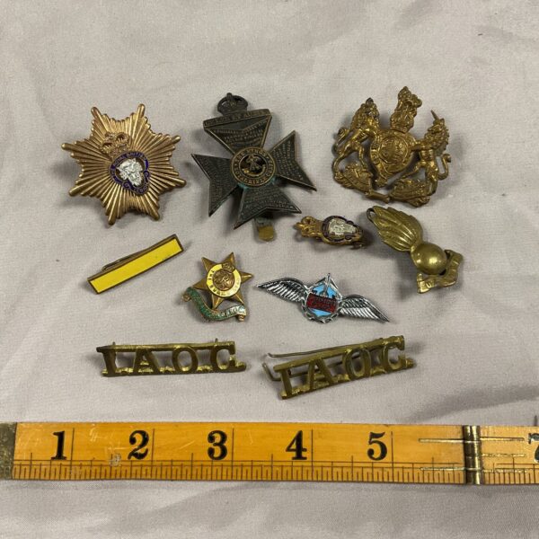 Vintage British military badges collection, brass regimental insignia.