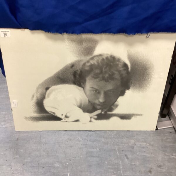 Framed print of Jimmy White playing snooker, sports memorabilia.