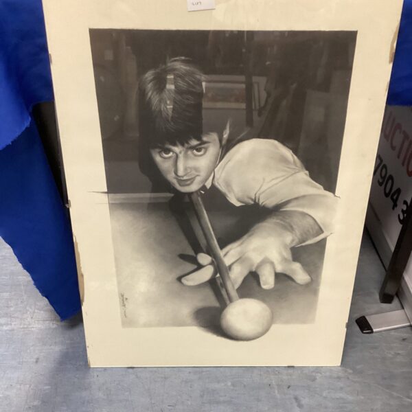 Framed print of Ronnie O’Sullivan playing snooker, sports art.