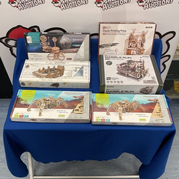 Collection of wooden model kits including Harry Potter and Hexapod.