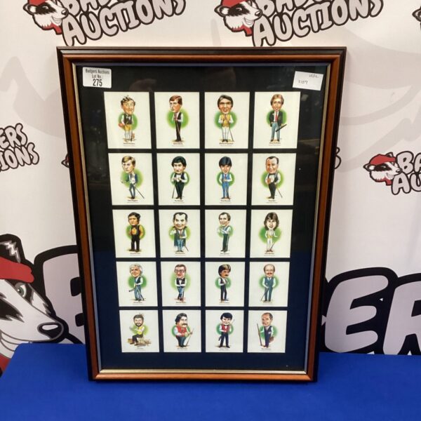 Framed vintage snooker tea cards from the 1970s, a sports collectible.