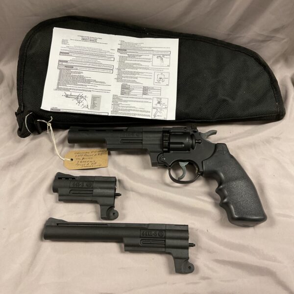 Crossman Vigilante CO2 pistol with interchangeable barrels, side view.