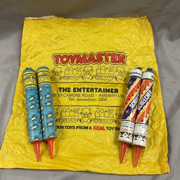 Vintage Standard Fireworks lot of four rockets, including Screamers and Screechers.