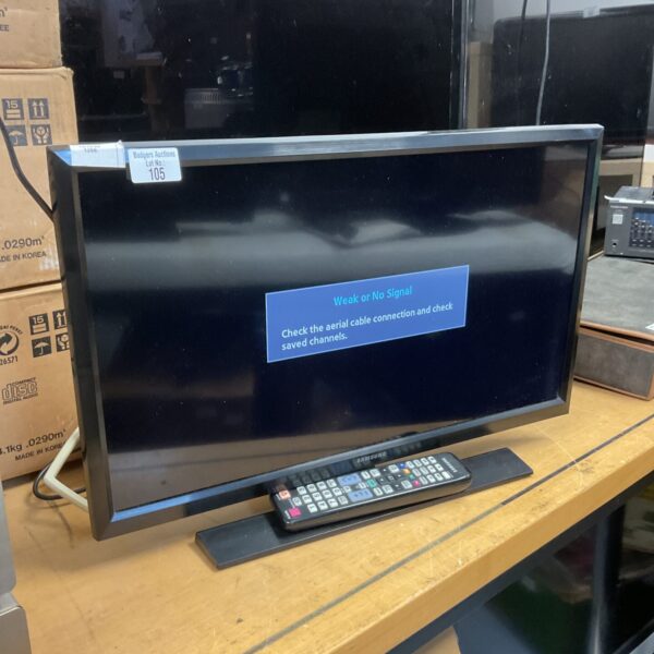 Samsung 24 inch HD television with remote control displayed.